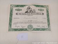 Photo of a vintage Lionel Rail Road Company stock certificate with green border and illustration. Shows certificate number L03746, owned by Robert Abbott, signed by Douglas Lyons and Arthur E. Lefebvre Jr.