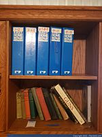 Five large blue Easy Home Repair volumes on a shelf, numbered and labeled.