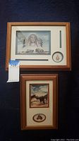 Framed Native American chief painting with two arrowheads mounted in the frame, wooden frame with glass, signature visible on the painting, approximate size 11x14 inches.