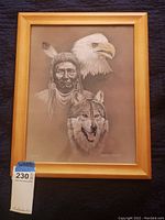 Full view of framed artwork depicting Native American elder, eagle, and wolf.