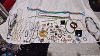 Full view of all jewelry items spread on a white cloth showing necklaces, earrings, bracelets, brooches, and pendants.