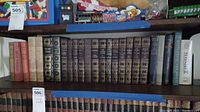 Books arranged on wooden shelves, mostly classic literature with hard-bound volumes. Includes shades of brown, beige, and blue covers.