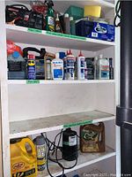 Shelf with assorted automotive cleaning products, lubricants, motor oil, and repair kit in boxes and bottles, including spray bottles and sponges.