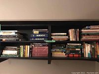 Bookshelves filled with various science, instructional, and fiction books including titles on astronomy, gardening, and woodworking.