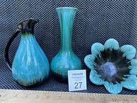 Three vintage Blue Mountain Pottery pieces against a dark textured background, displayed with ruler for scale.