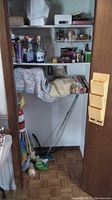 Closet interior with multiple cleaning supplies on shelves, mops and dusters on floor, ironing board partially visible, and assorted boxes and bottles.