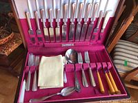 Photo showing the full set of mixed flatware pieces including knives, forks, and spoons arranged inside a lined case with varied handle colors.