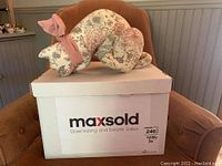White box labeled MaxSold with fabric cat door stop sitting on top on a brown chair.