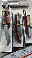 Three collector knives with intricate patterned blades and colorful layered handles, each with a leather sheath, displayed in boxes.