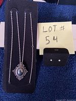 Full view showing long chain necklace with pendants and two pearl stud earrings on black displays