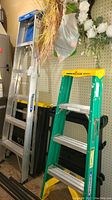 Two Werner ladders side by side against pegboard wall with decorative dried grass