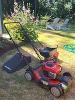 Image of the Troy-Bilt lawn mower on grass showing side view and attached grass catcher.