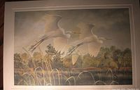 Photo showing a large matted print featuring three egrets flying over a marsh landscape under a cloudy sky, in muted natural tones.