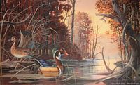 Print showing two ducks standing near water with autumn trees and reflections