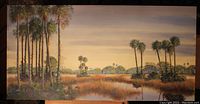 Original acrylic painting by Robert Binks showing a natural creek landscape with palm trees and marshland.