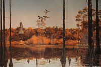 Print of Wood Ducks flying over wetland with trees in fall colors