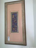 Full view of the vintage mixed media framed art showing the frame and matte border with the centered mosaic artwork.
