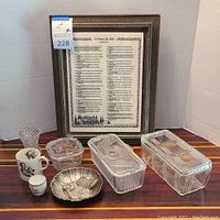 Photo showing all items in the lot, including three glass refrigerator dishes with lids, sterling silver dish, mugs, small vase, and framed print.