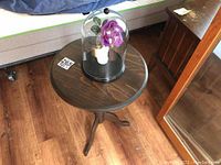 Circular solid pine wood pedestal table with round top and tripod legs