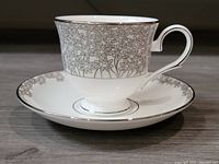 Cup and saucer set showing silver floral pattern detail on cup.
