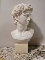 Front right three-quarter view of white plaster bust of David on alabaster base.