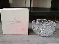 Royal Doulton Finest Crystal box displayed beside the clear cut crystal bowl showing the Pavilion pattern.