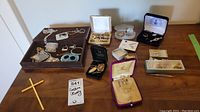 Top view of all lot items arranged on wooden surface