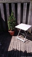 Photo of an evergreen tree in a plastic pot next to a small white folding metal table on a wooden deck.