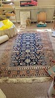 Full view of rug laid flat in room showing overall pattern, colors, and fringe