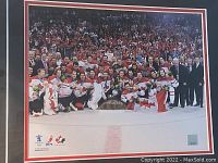 Framed photo of Team Canada hockey team celebrating gold medal at 2010 Vancouver Olympics on ice with trophy and flowers, large crowd behind.
