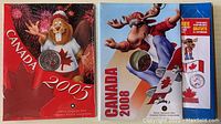 Front view of 2005 and 2008 Canada Day gift packages, each with a 25-cent coin visible, featuring cartoon Canadian animal mascots and colorful backgrounds.
