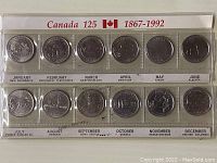 Front view of the plastic holder with the twelve uncirculated 1992 Canadian 25 cent anniversary coins arranged by month and province/territory, with the Canada 125 and 1867-1992 labeling.