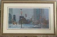 Full view of the framed print showing the winter urban street scene titled 'Dusk at Portage and Main'.
