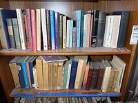 Two shelves filled with various hardcover and paperback books, some aged and worn, others in better condition.
