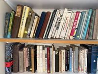 Photo of two shelves of books showing a mix of hardbacks and paperbacks, some vintage editions, with titles visible including 'The Cultivating of Air' and 'The House by the Churchyard'.
