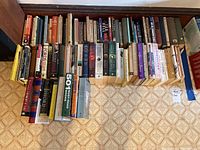 Overhead photo showing a diverse collection of about 40 books arranged on a patterned floor including history, social sciences, and literature.
