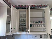 Kitchen cabinet with shelves holding assorted mugs, cups, and glasses.