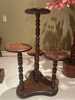Full view of 4 level wooden plant stand with round platforms and a tall central stand.