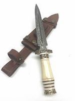 Full view of the hunting tool and leather sheath showing blade pattern and sheath design