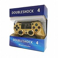 Front and side view of gold DualShock 4 wired controller in original blue and white DOUBLSHOCK 4 packaging.