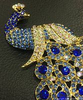 Close-up of peacock brooch showing the blue rhinestones and jewel details on front side on black background.