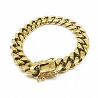 Front angled view of men's 14KT gold plated Cuban link bracelet showing clasp and chain finishes.