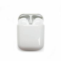 Front view of white charging case with earbuds inside, showing the case lid open and earbuds partially visible.