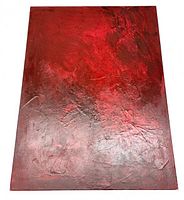 Flat frontal photo depicting the overall texture and color blending of reds and blacks on the canvas surface.