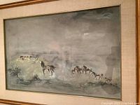 Framed horse artwork overall view showing group of horses in soft muted colors and wooden frame