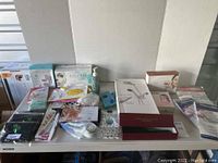 Full overview of all items arranged on a white table showing boxed beauty devices, towels, lint brush, and shoehorn.