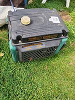 Top-side view showing fuel cap and label on black top with green side handles, placed on grass.