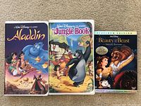 Front cover photo showing Disney Aladdin VHS, The Jungle Book VHS, and Beauty and the Beast DVD Platinum Edition lined up on carpet surface.