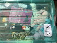 Top view of closed green bin with assorted beanie babies under lid
