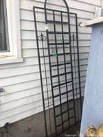 Tall black metal garden trellis leaning against a house wall